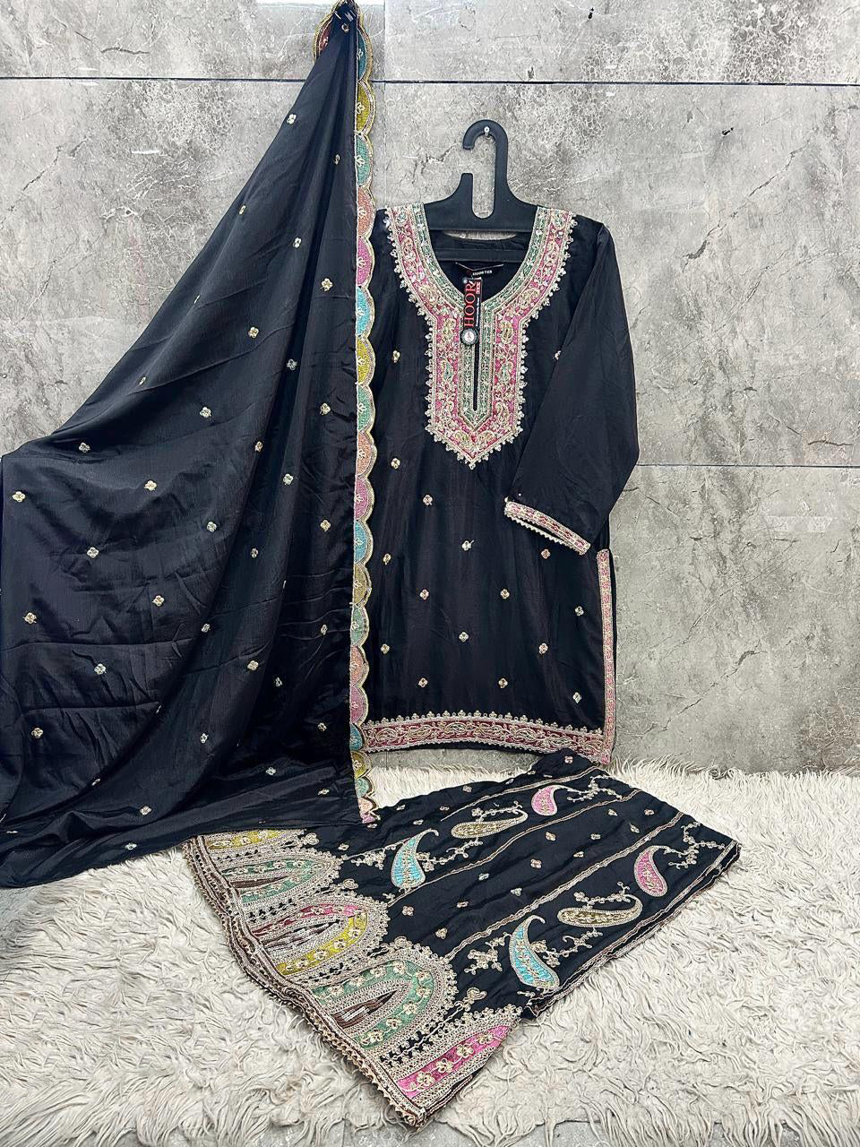 Ready to wear black sharara suit in heavy chinon fabric