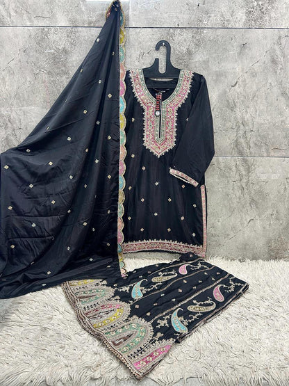 Ready to wear black sharara suit in heavy chinon fabric