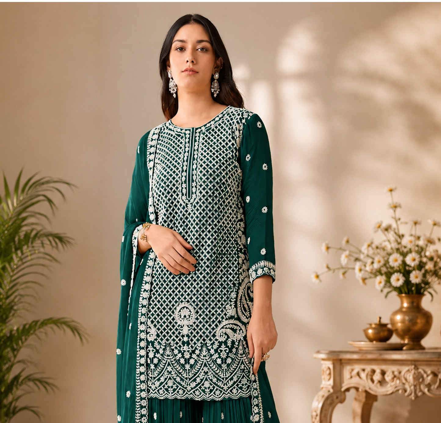 Front view of Designer Sharara in Royal Green Faux Georgette