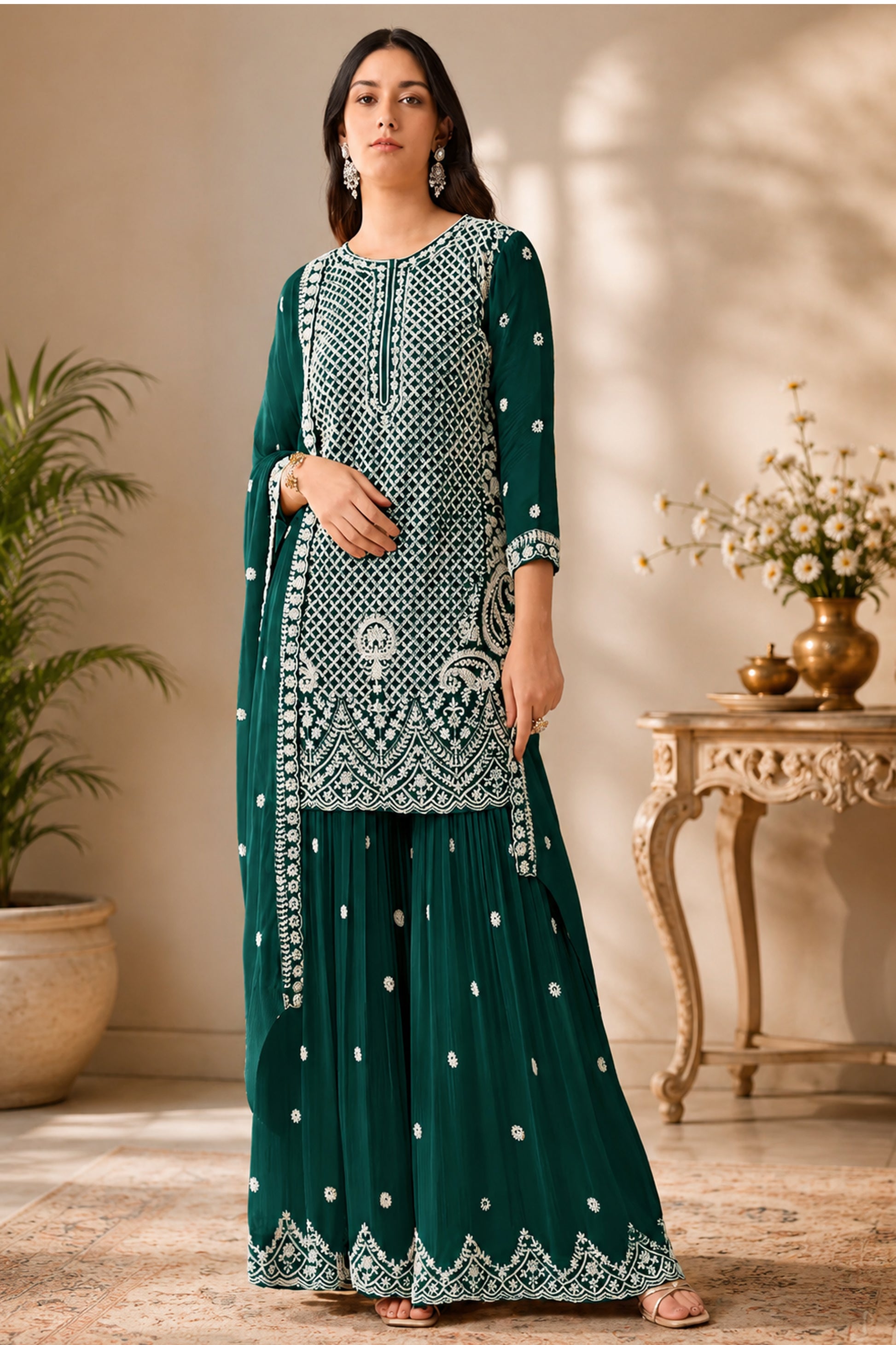 Designer Sharara in Royal Green with Heavy Embroidered Beads Sequence Work