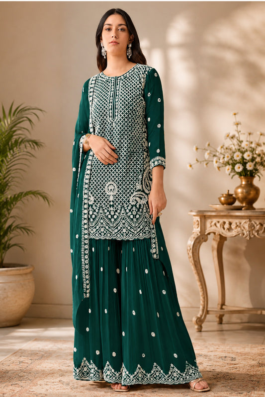 Designer Sharara in Royal Green with Heavy Embroidered Beads Sequence Work