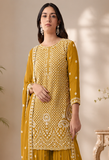Front view of Mustard Yellow Faux Georgette Wedding Wear Sharara