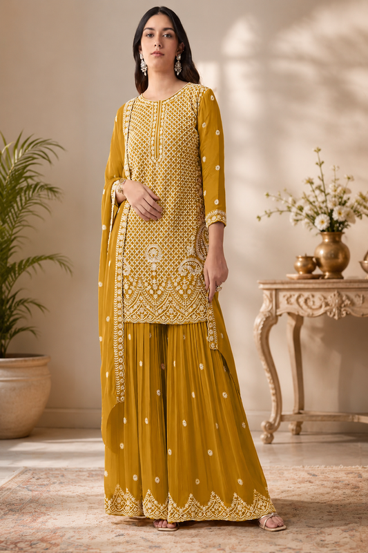 Mustard Yellow Designer Sharara Suit with Heavy Embroidered Beads Sequence Work