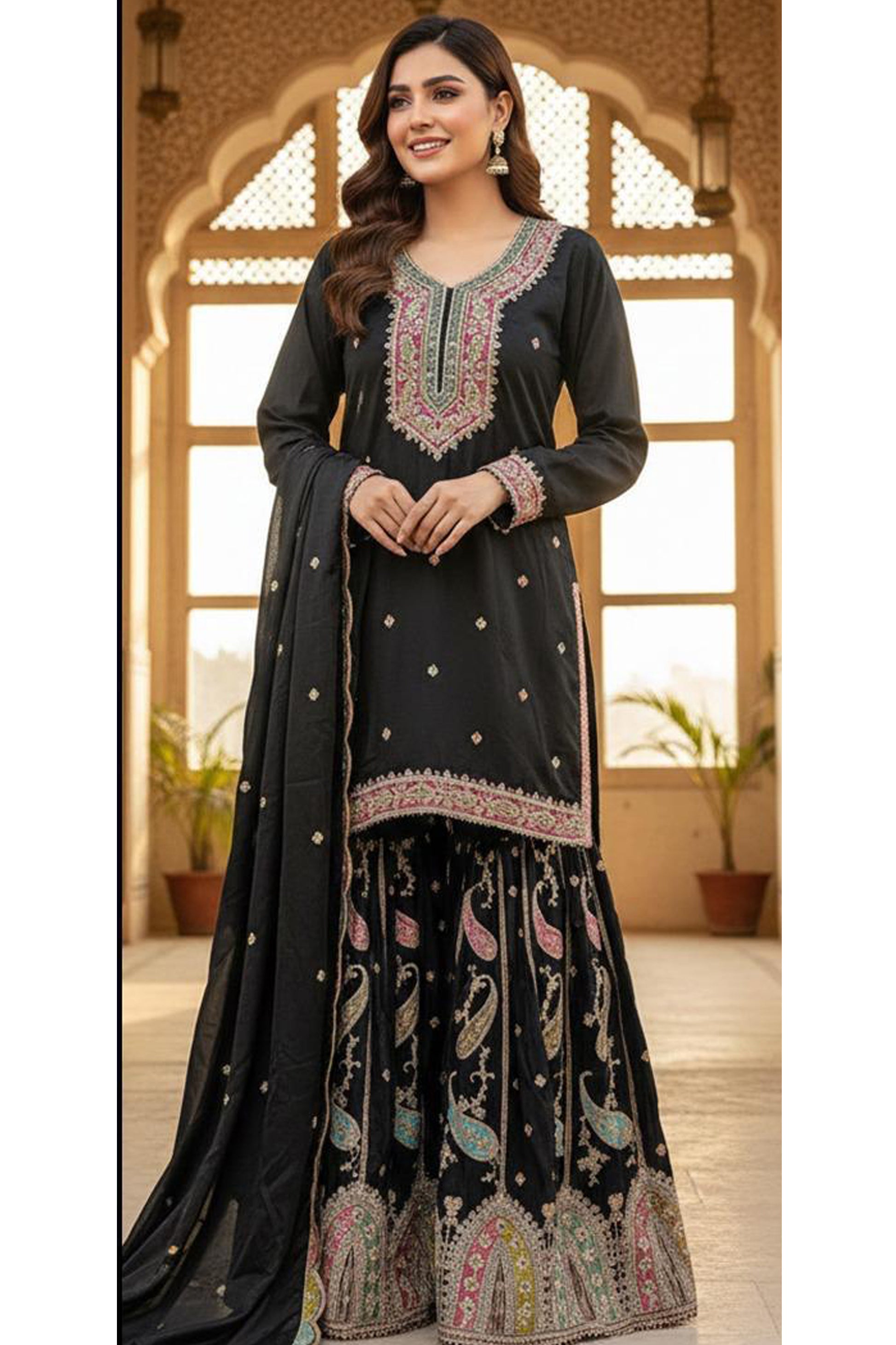 Black Designer sharara with fancy Embroidery work detail