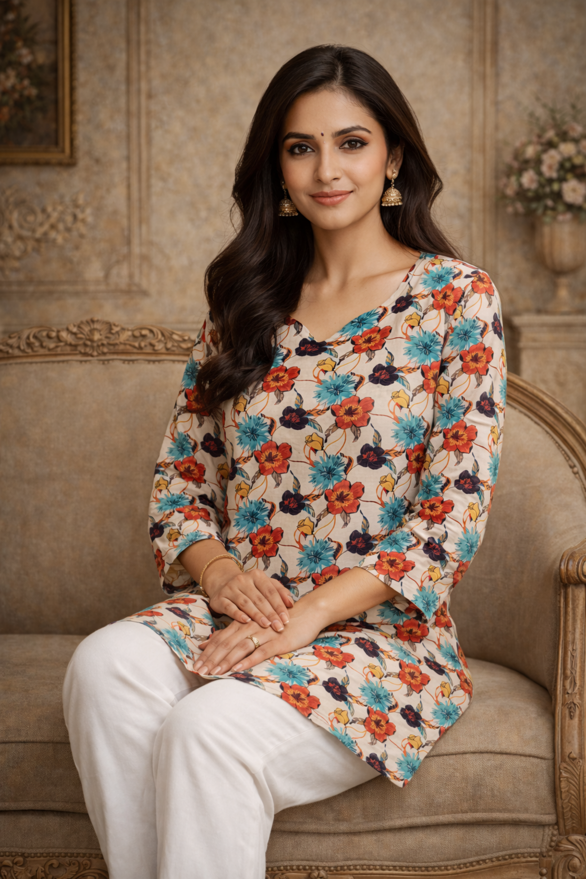 white printed top for office wear styled with trousers