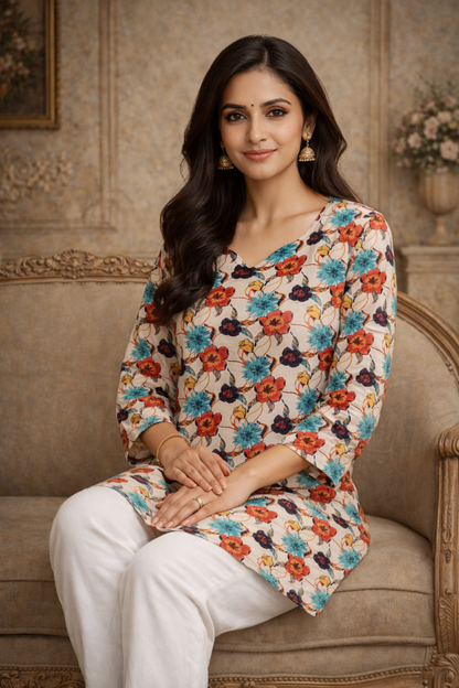 white printed top for office wear styled with trousers