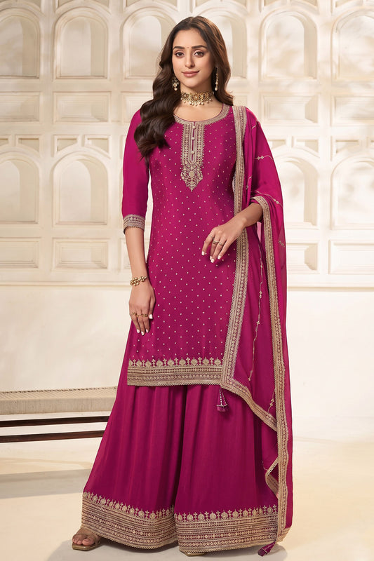 Pink pakistani plazzo dress front view with dupatta