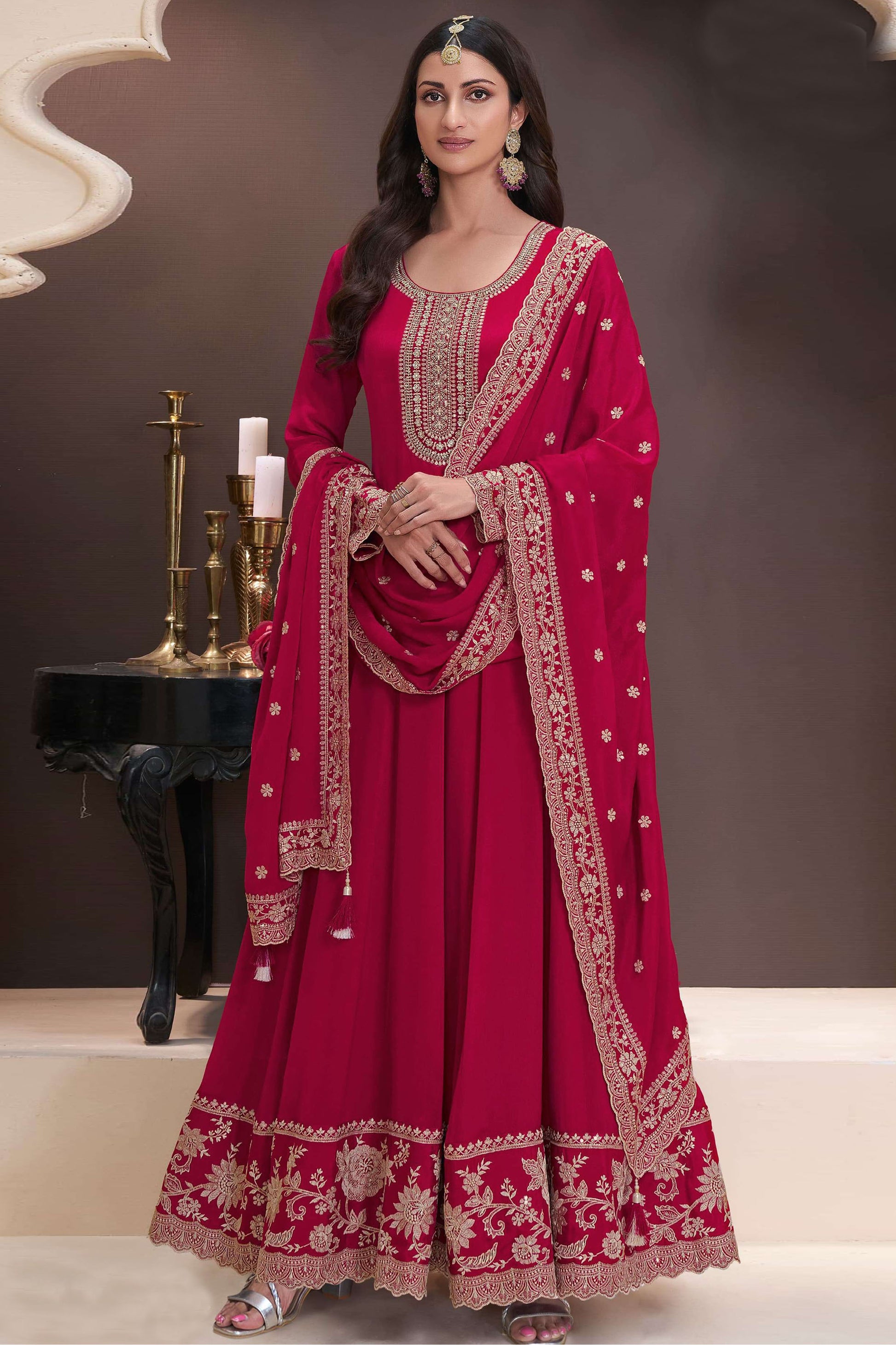 Red Anarkali Dress with Heavy Embroidery Worked Dupatta Suit for USA Women's Wear 