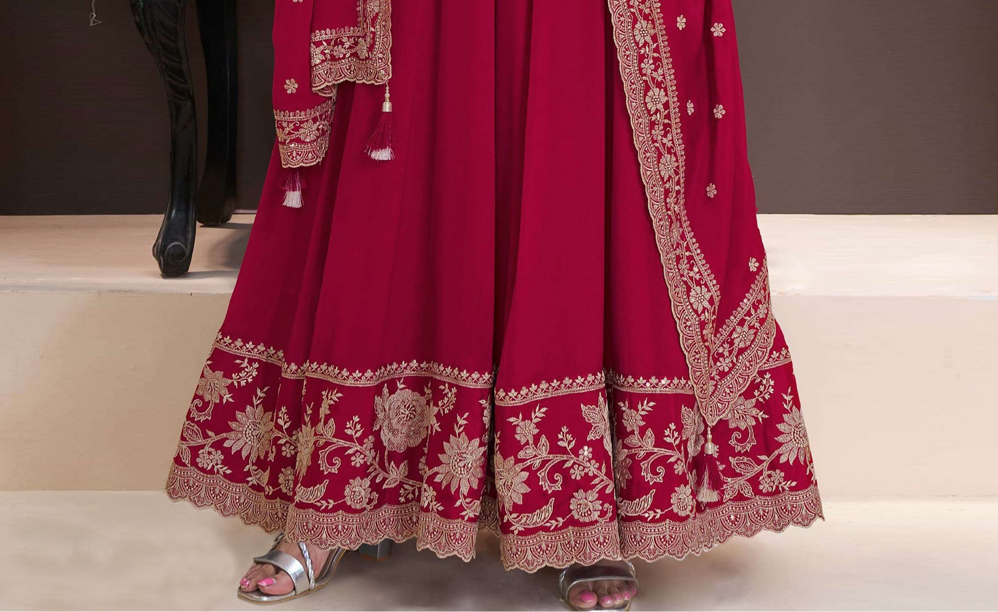 Red Anarkali Dress with Heavy Embroidery Worked Dupatta Suit for USA Women's Wear 