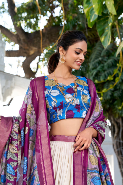 dola silk lehenga choli with kalamkari print detail