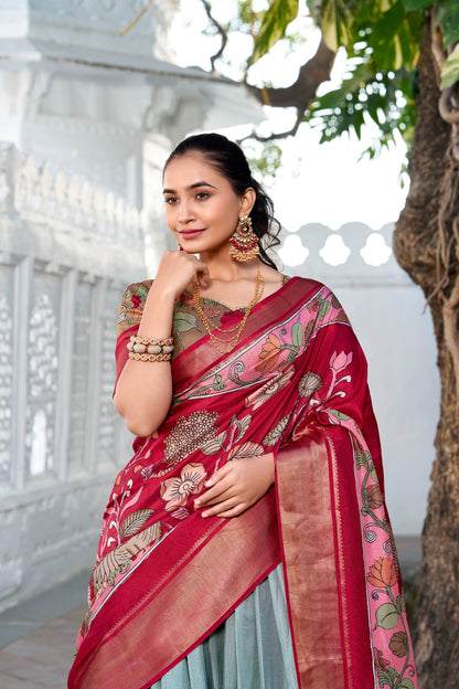 Dola silk lehenga choli ghagra with Kalamkari print detail