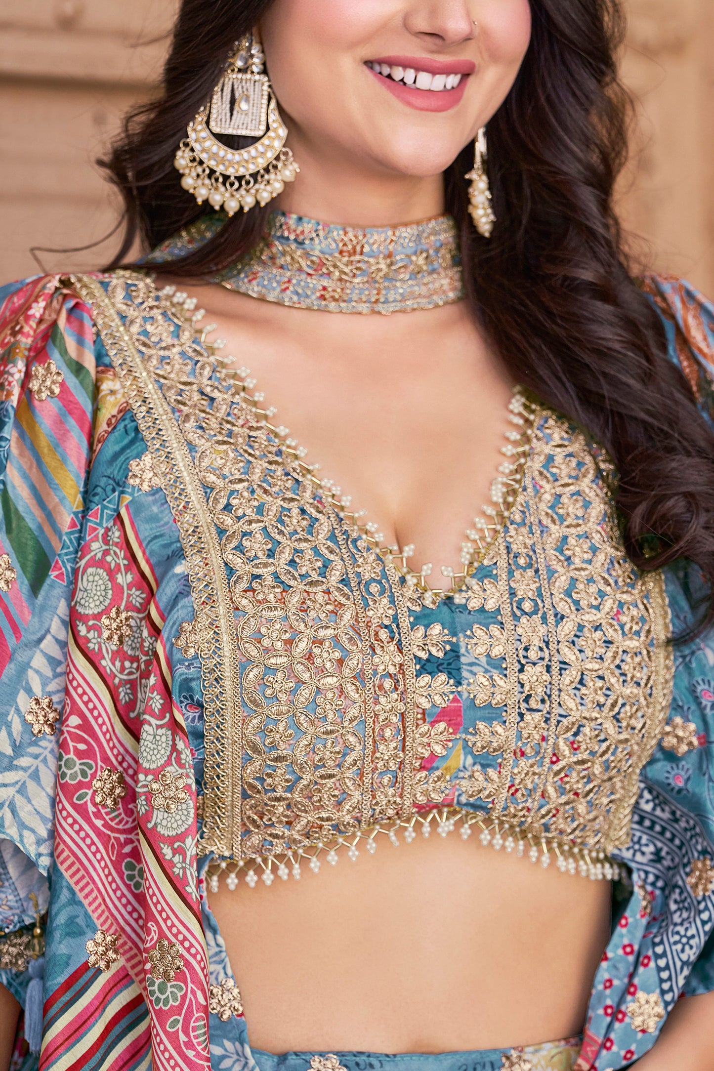 side profile of sky blue lehenga choli outfit