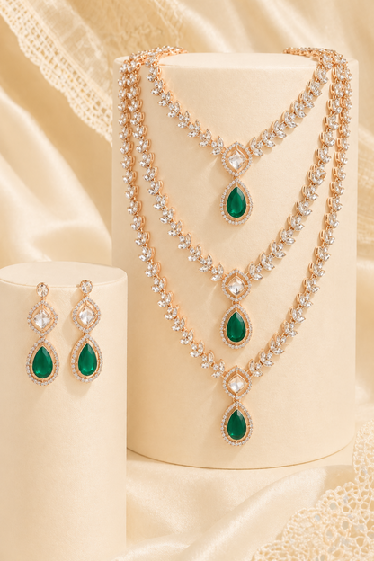 Green and clear stone necklace with structured layered profile