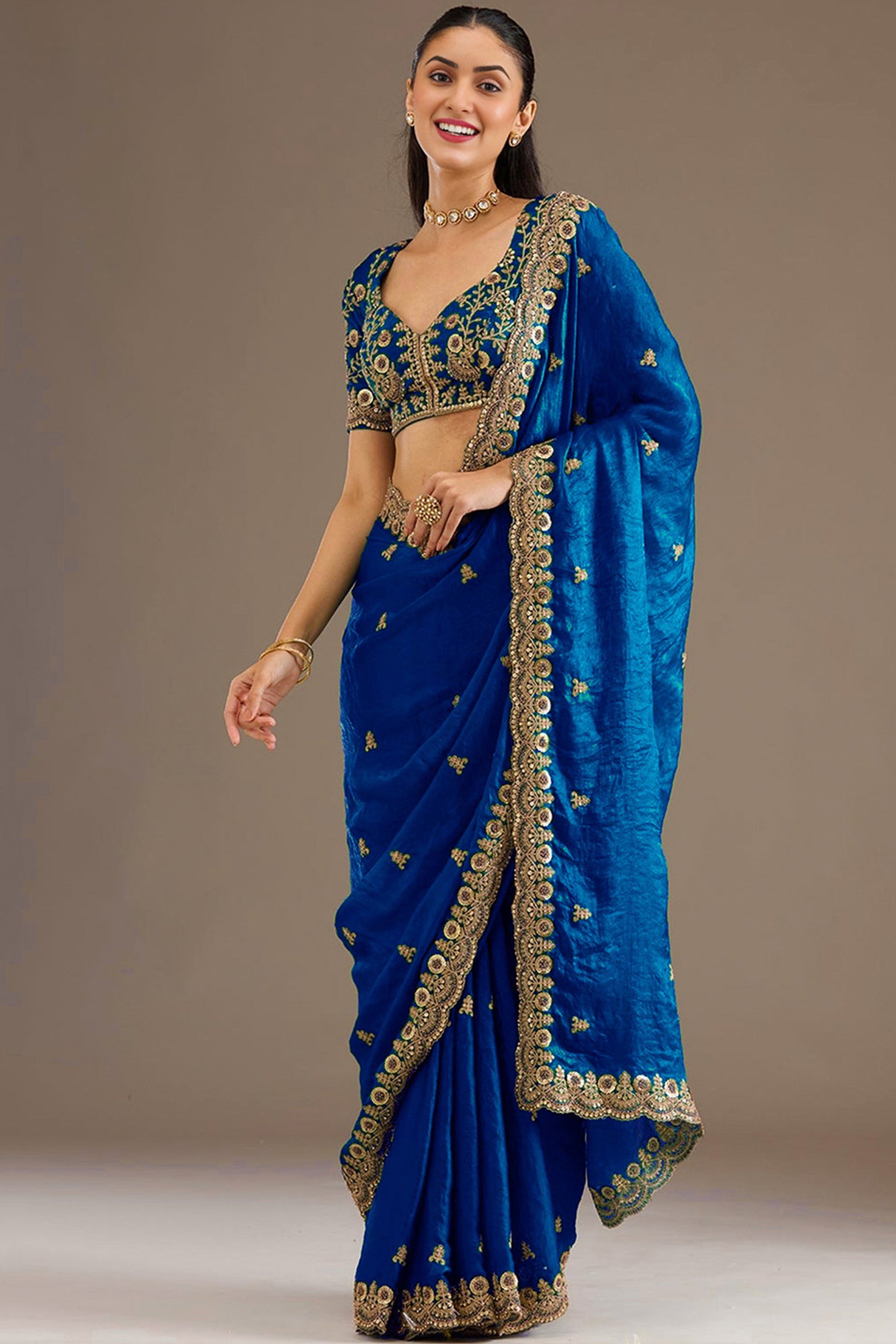 Heavy Zari And Embroidery on blue ready to wear saree