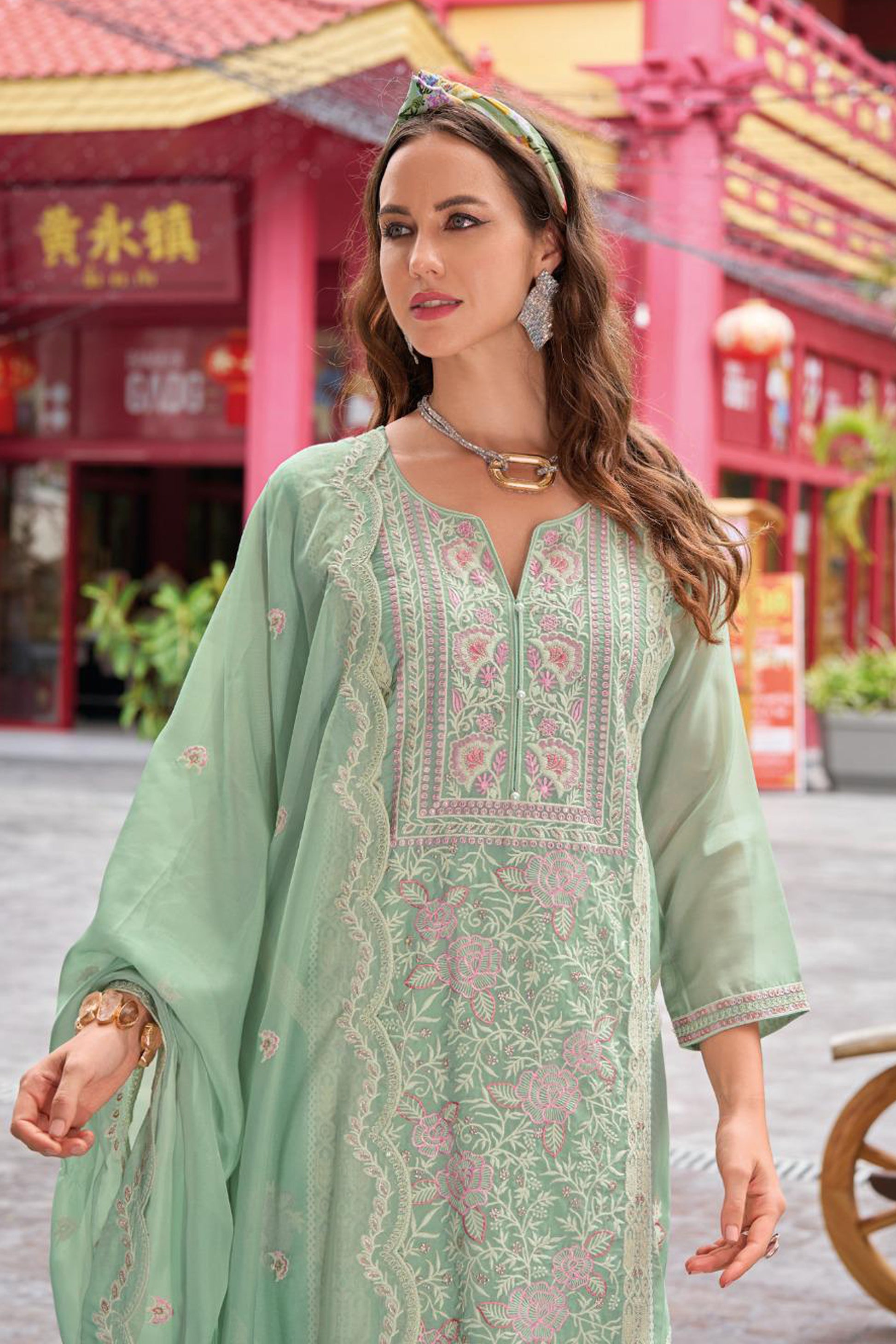 close up of intricate embroidery work on kameez