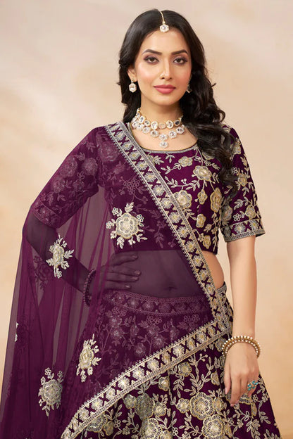 Dupatta detail paired with purple lehenga choli