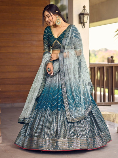 Teal bridal lehenga for marriage with matching dupatta drape