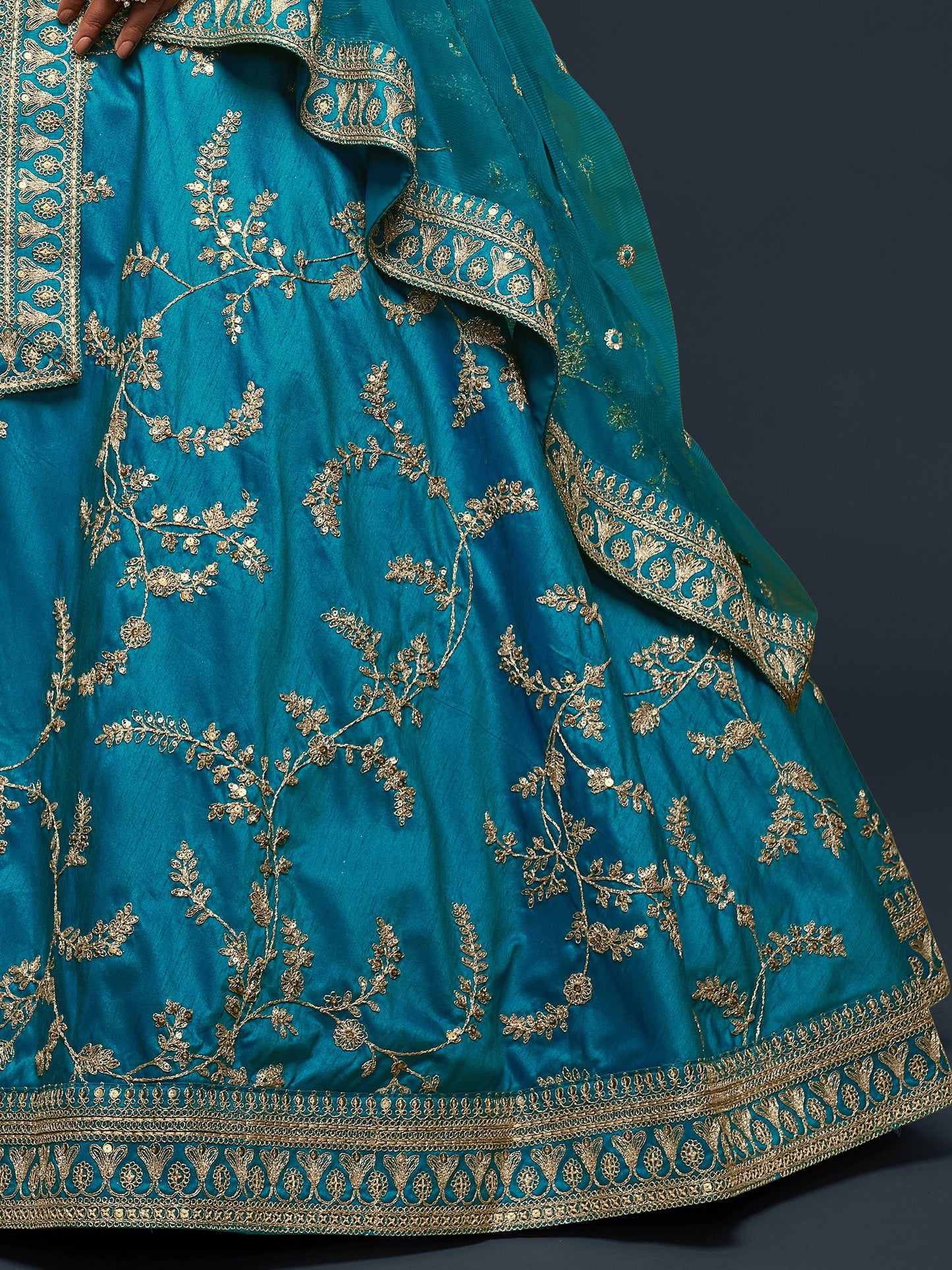 Cyan lehenga skirt texture with zari and sequins