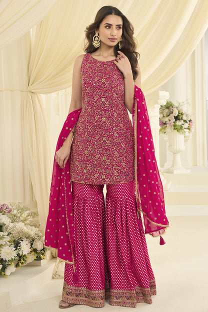 Dusky pink sharara suit front view with embroidered kameez