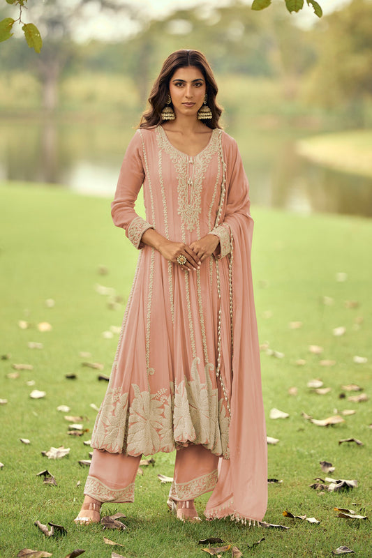 Dusty pink palazzo suit front view with embroidered kameez