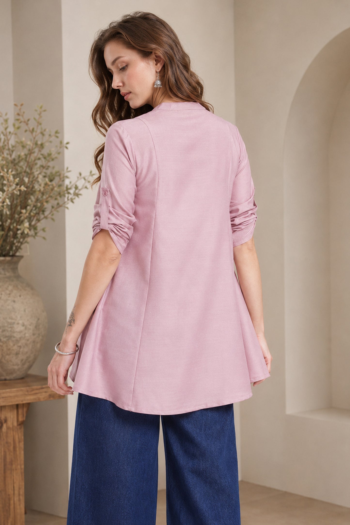 Flowy dusty rose pink tunic top with rolled sleeves