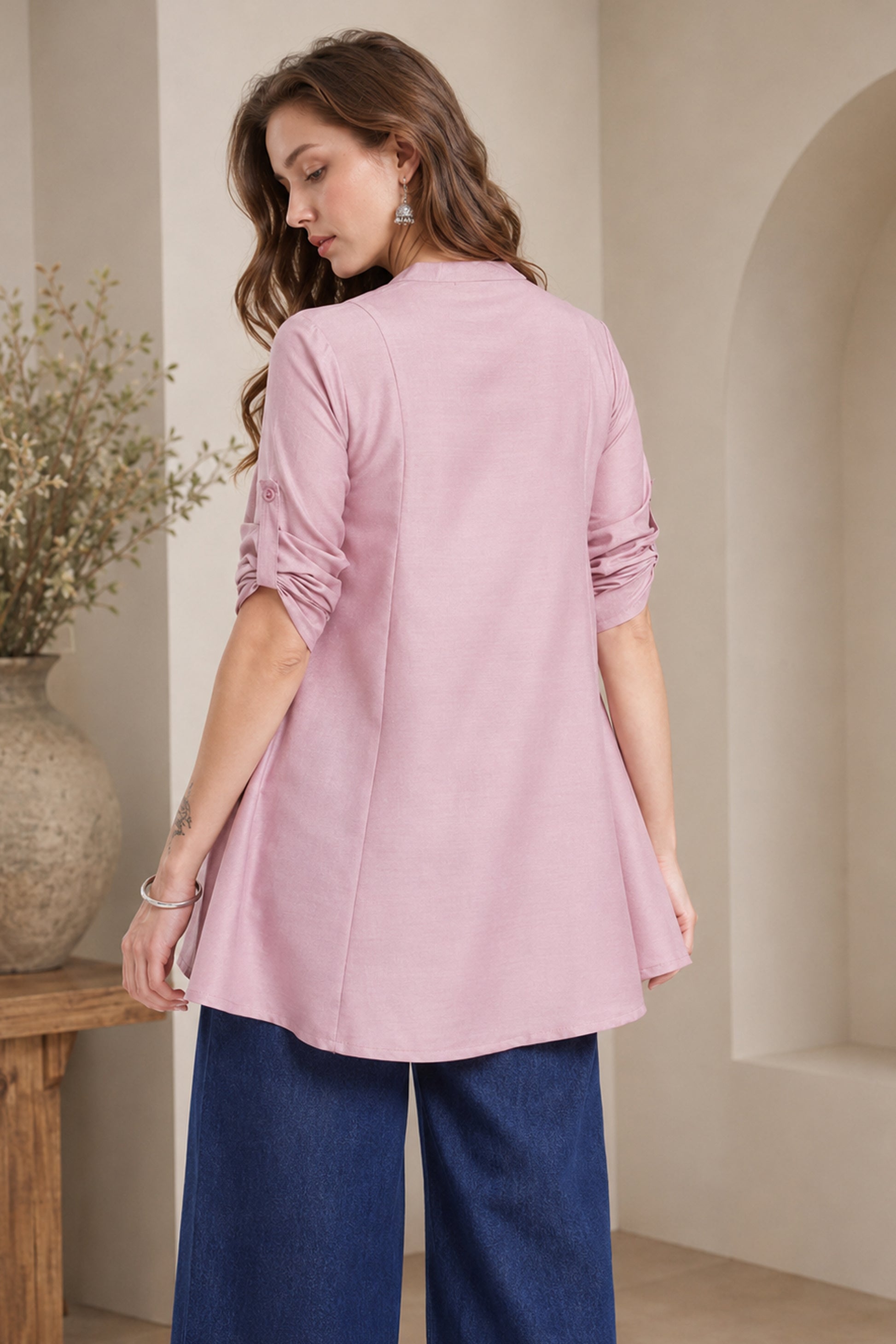 Flowy dusty rose pink tunic top with rolled sleeves
