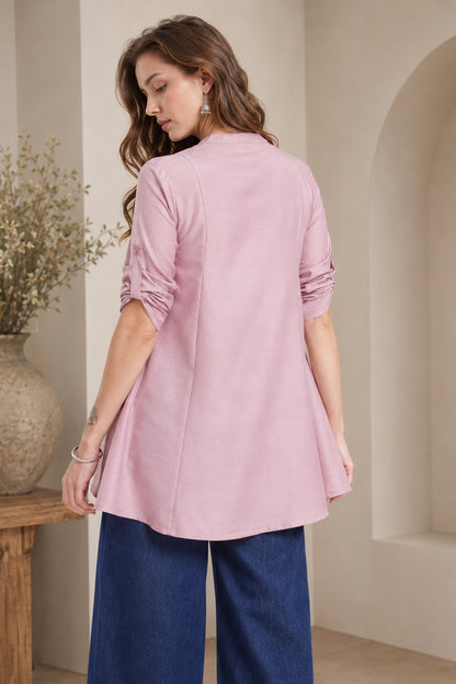 Flowy dusty rose pink tunic top with rolled sleeves
