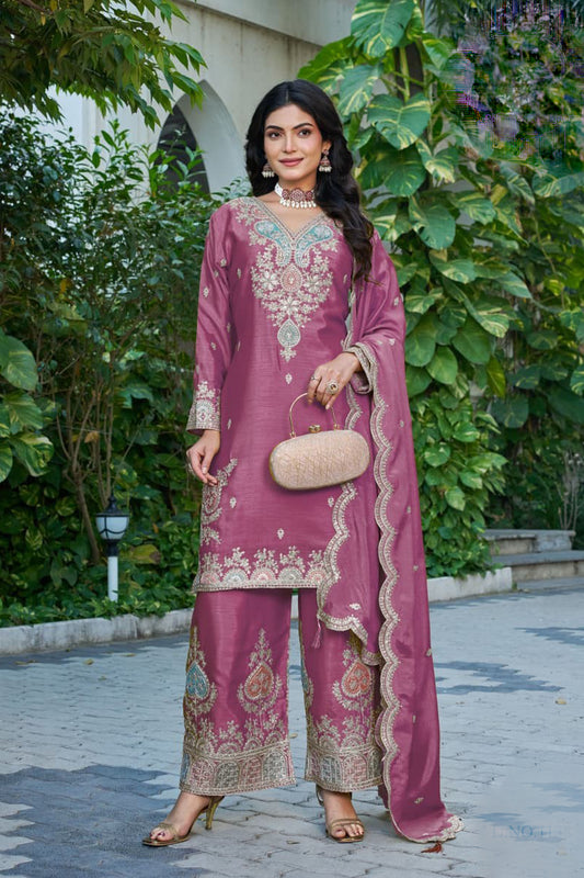 Dusty Rose Pink Palazzo Suit With Embroidery Fancy Coding Dori Work