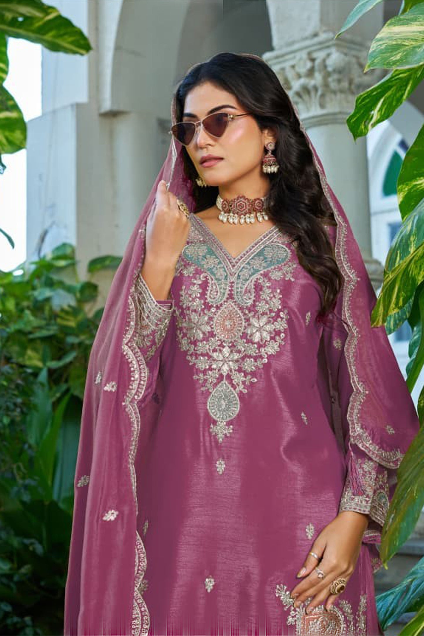 Woman Wearing Dusty Rose Pink Palazzo Set With Dupatta