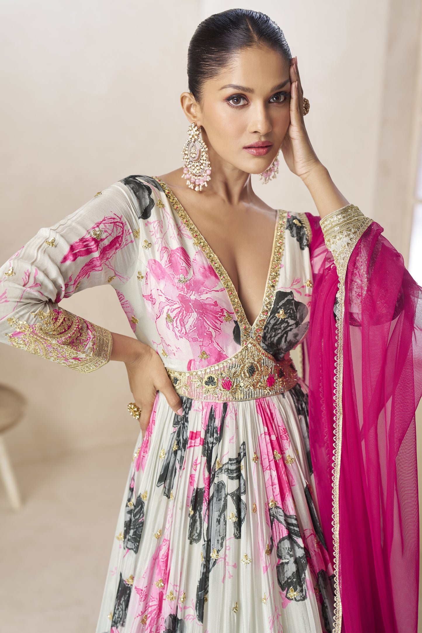 Close-up of embroidered work on chinon anarkali fabric