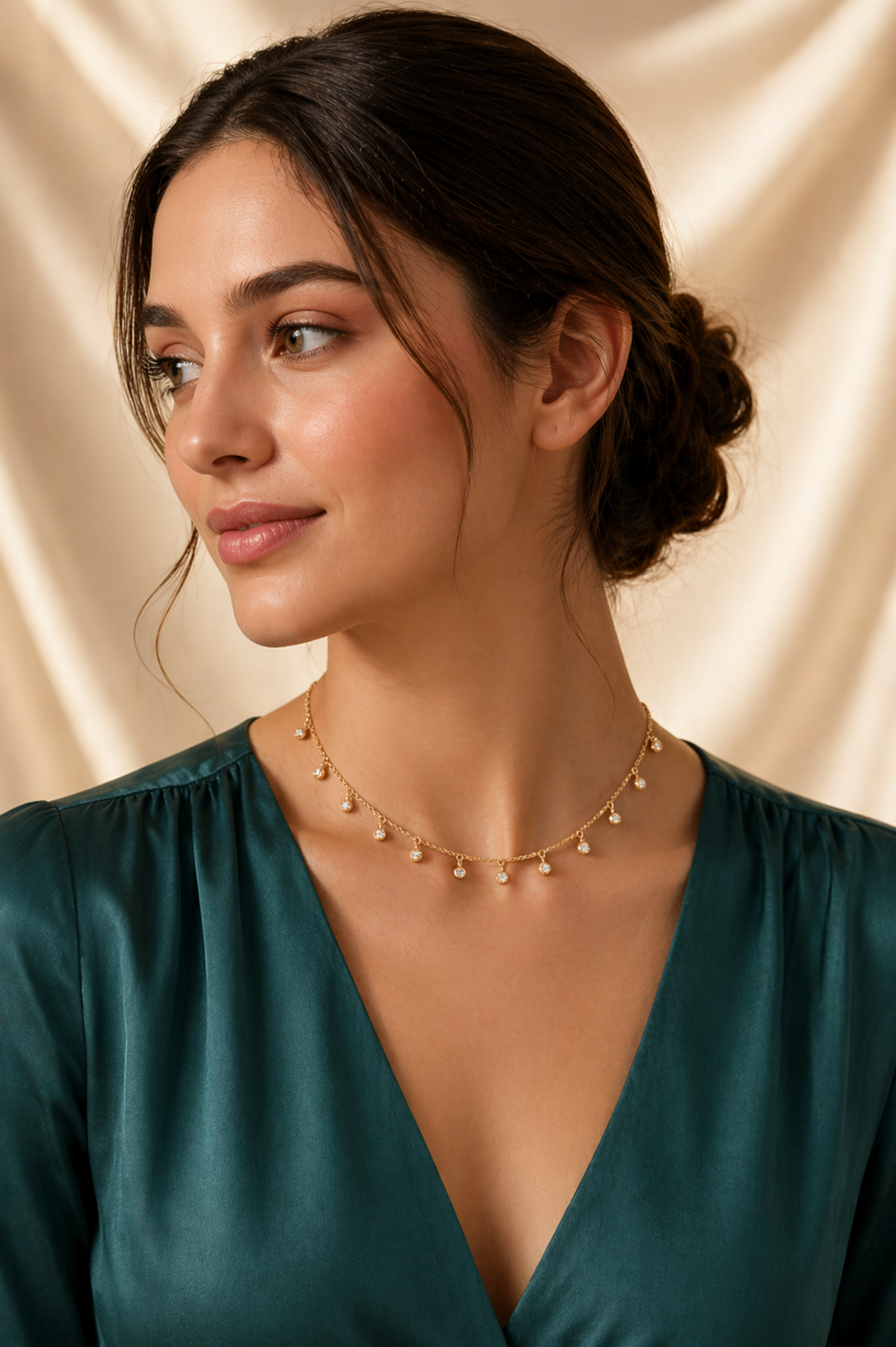 elegant gold drop necklace close-up
