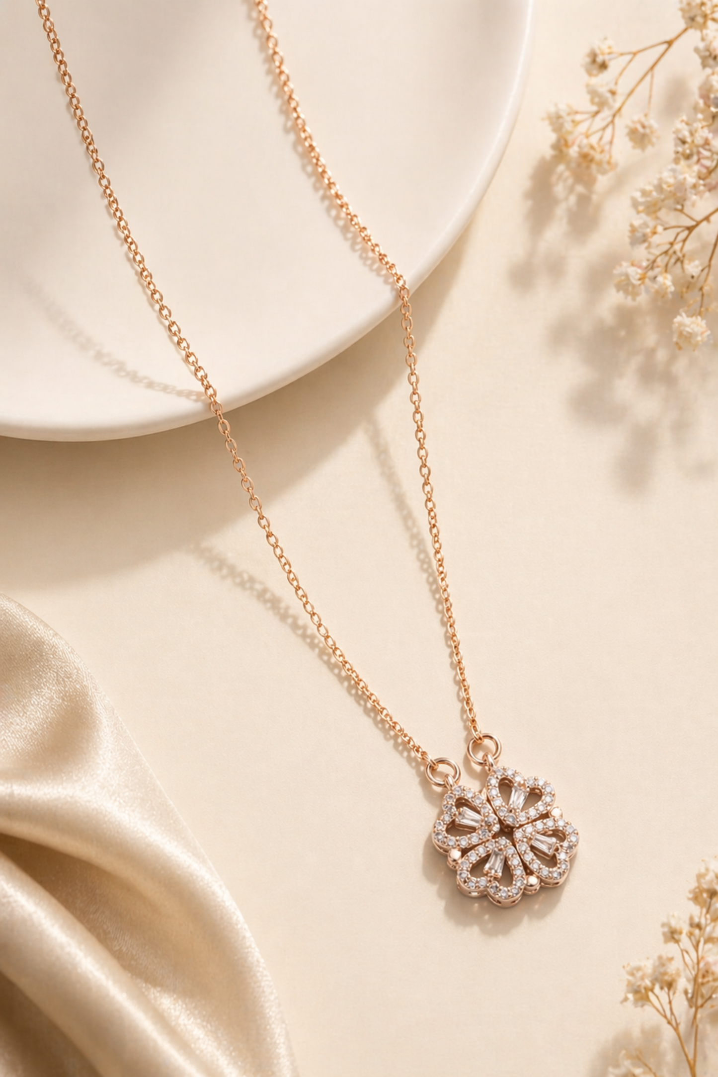 minimalist rose gold necklace with heart charms
