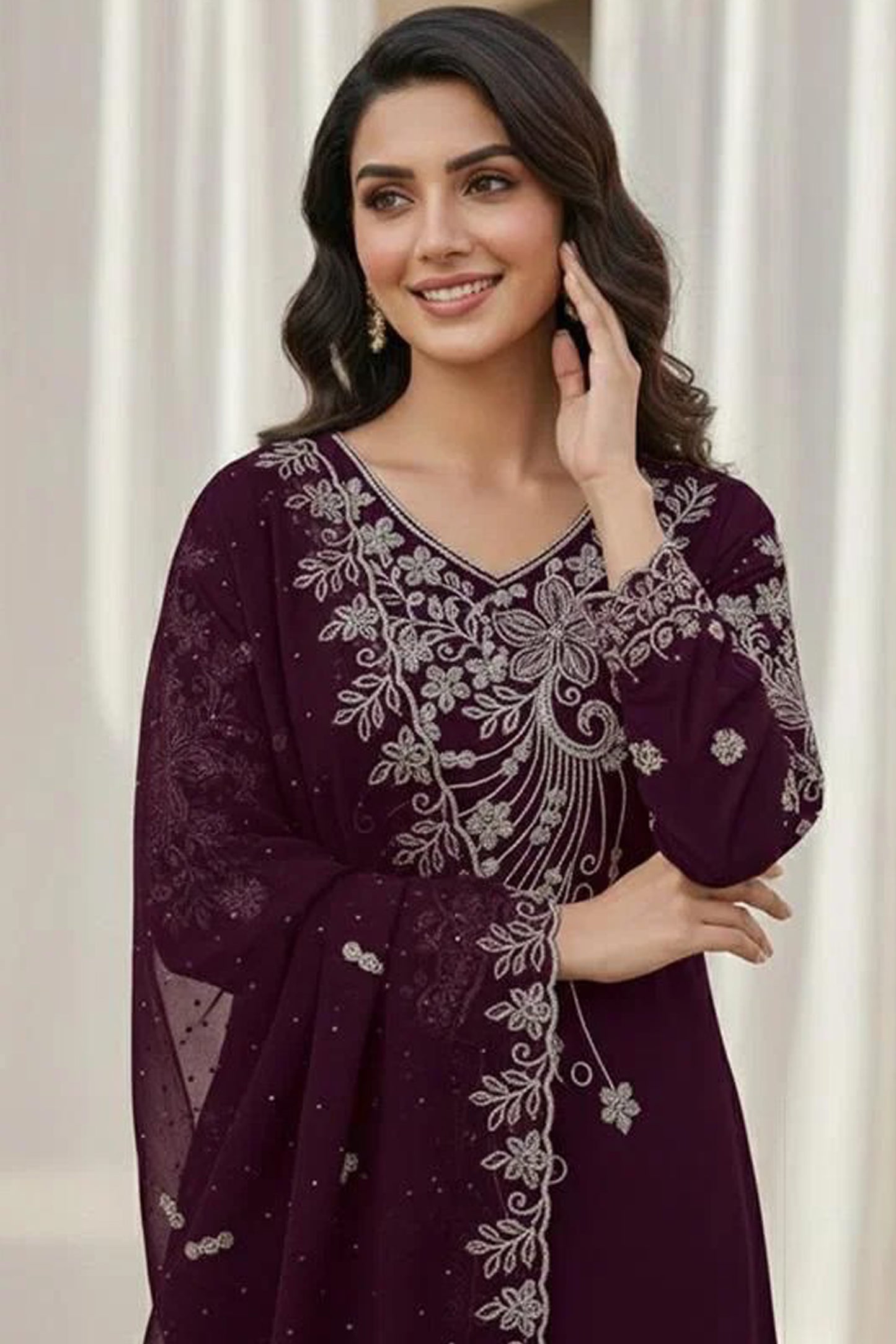 Elegant Palazzo Suit in Wine with detailed Embroidery & Zarkan Work