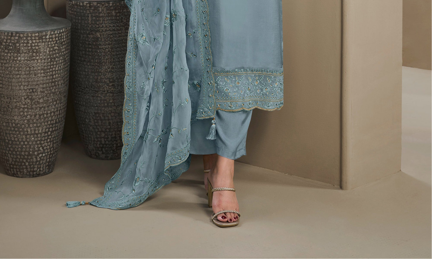 Elegant Embroidered Silk Salwar Suit Back View