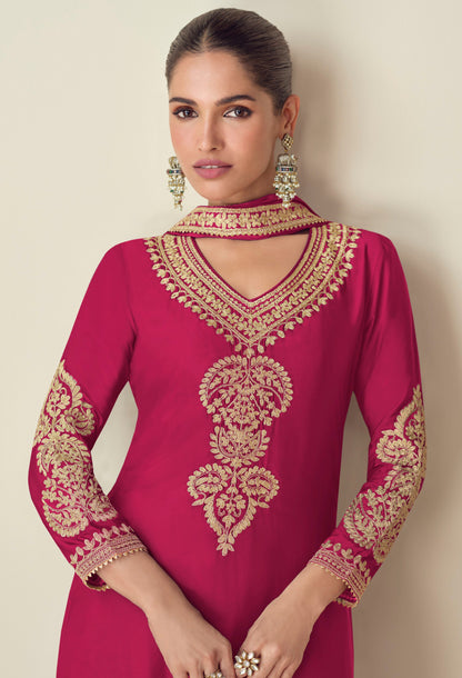 Wedding-Reception Special Dark Pink Color Plazzo Dress With Silk Dupatta