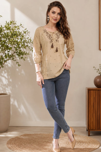 Casual womens tunic tops with tassel tie front detail
