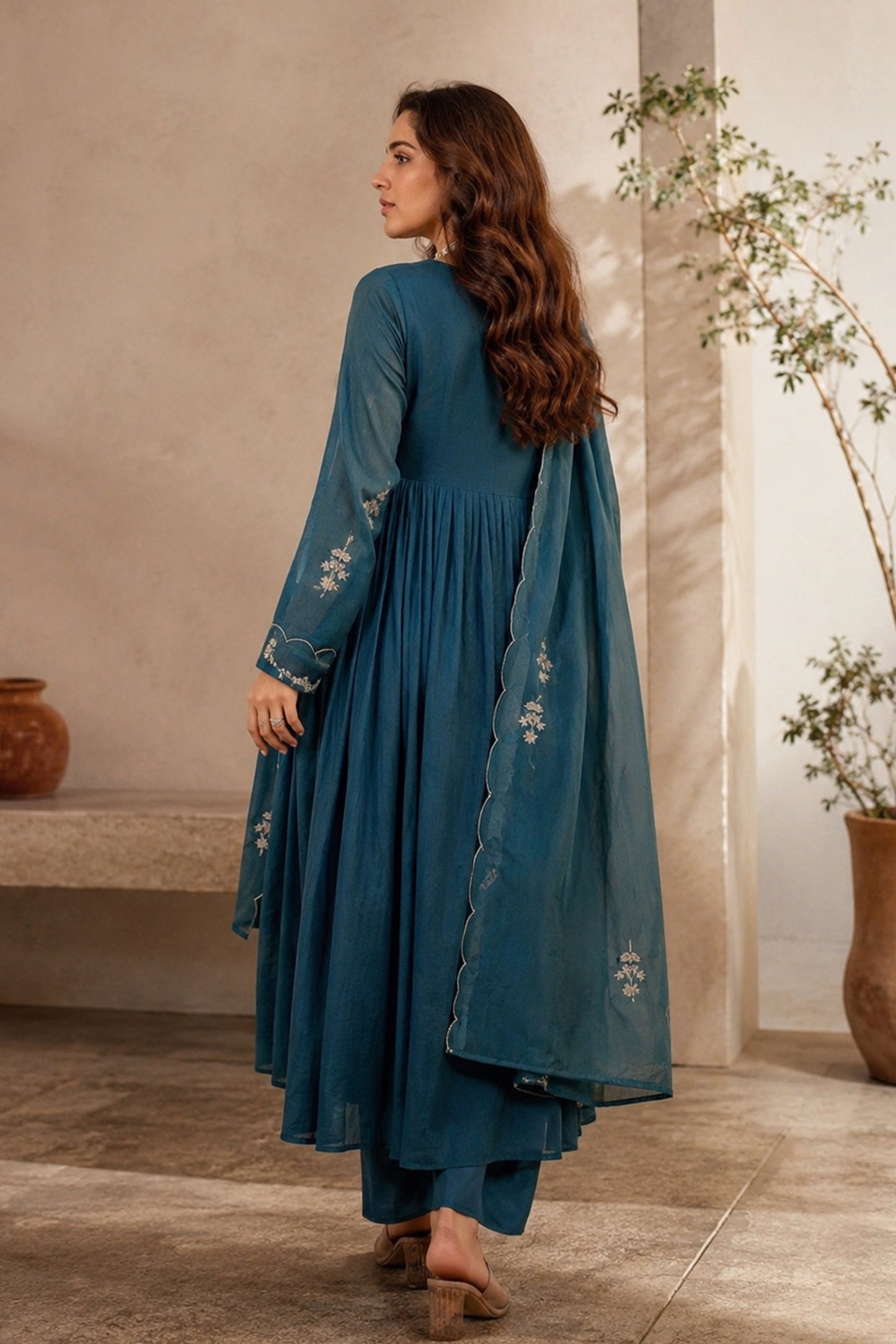 anarkali Kurti in Blue with sheer matching dupatta