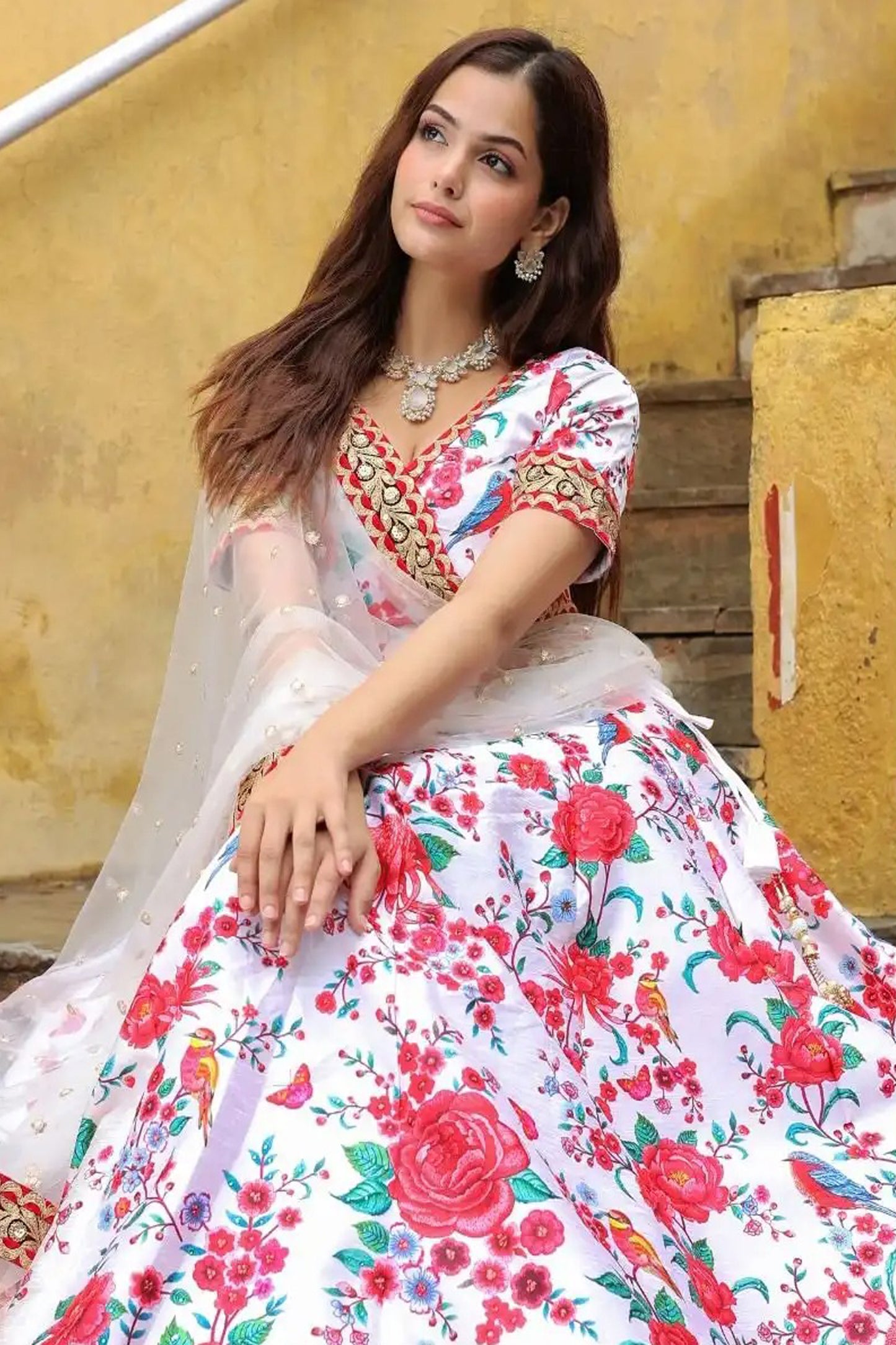 White Lehenga Choli styled with layered embroidered finish