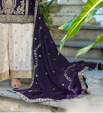 Blooming Chinon top paired with Royal Purple Palozzo Pants and matching dupatta