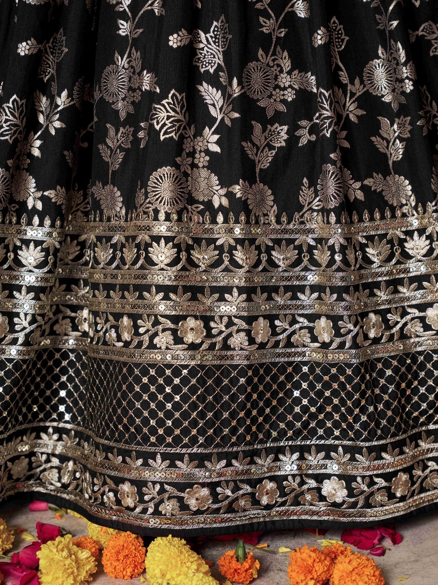 Black lehenga choli skirt flare and fabric fall