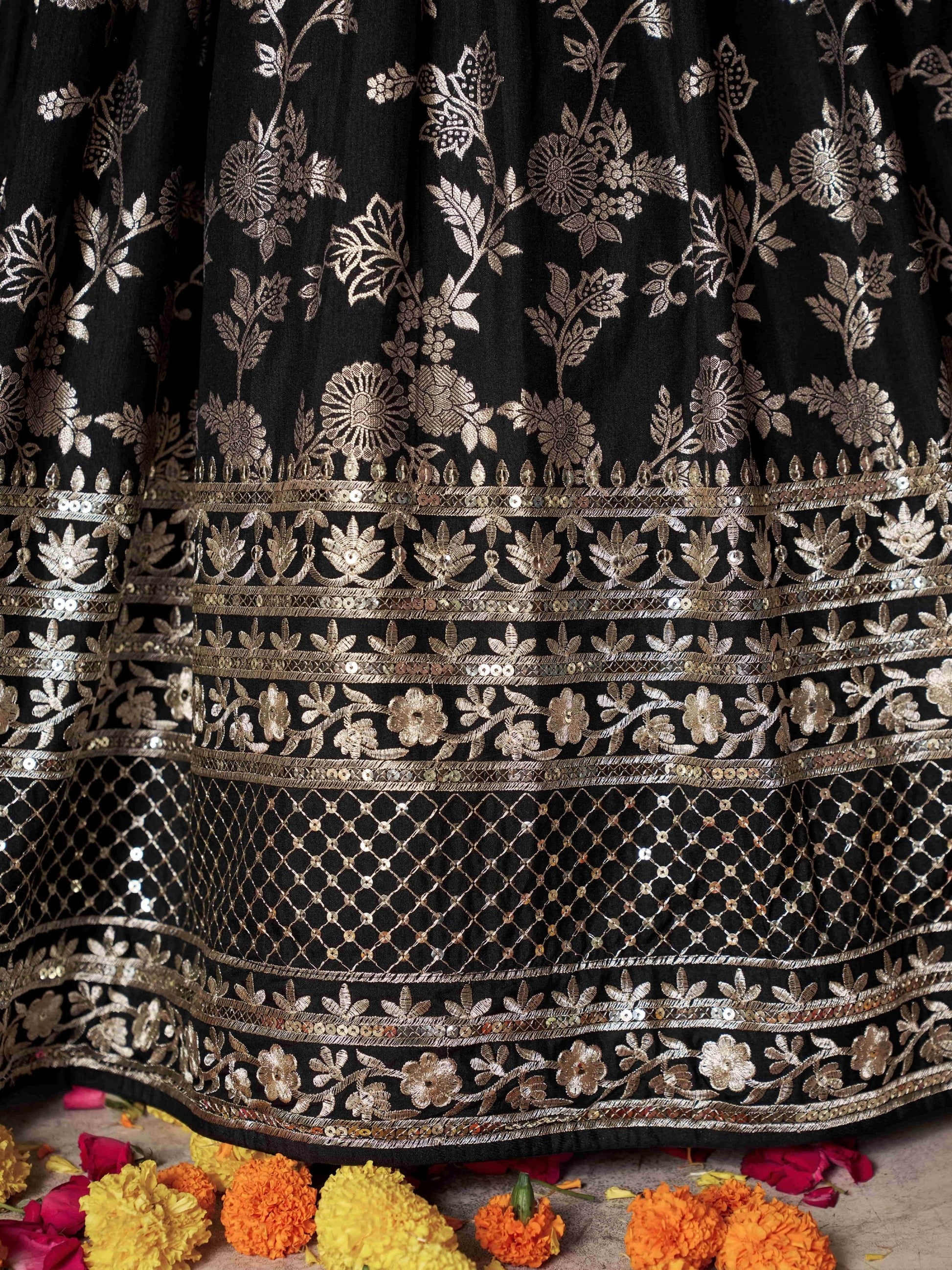 Black lehenga choli skirt flare and fabric fall
