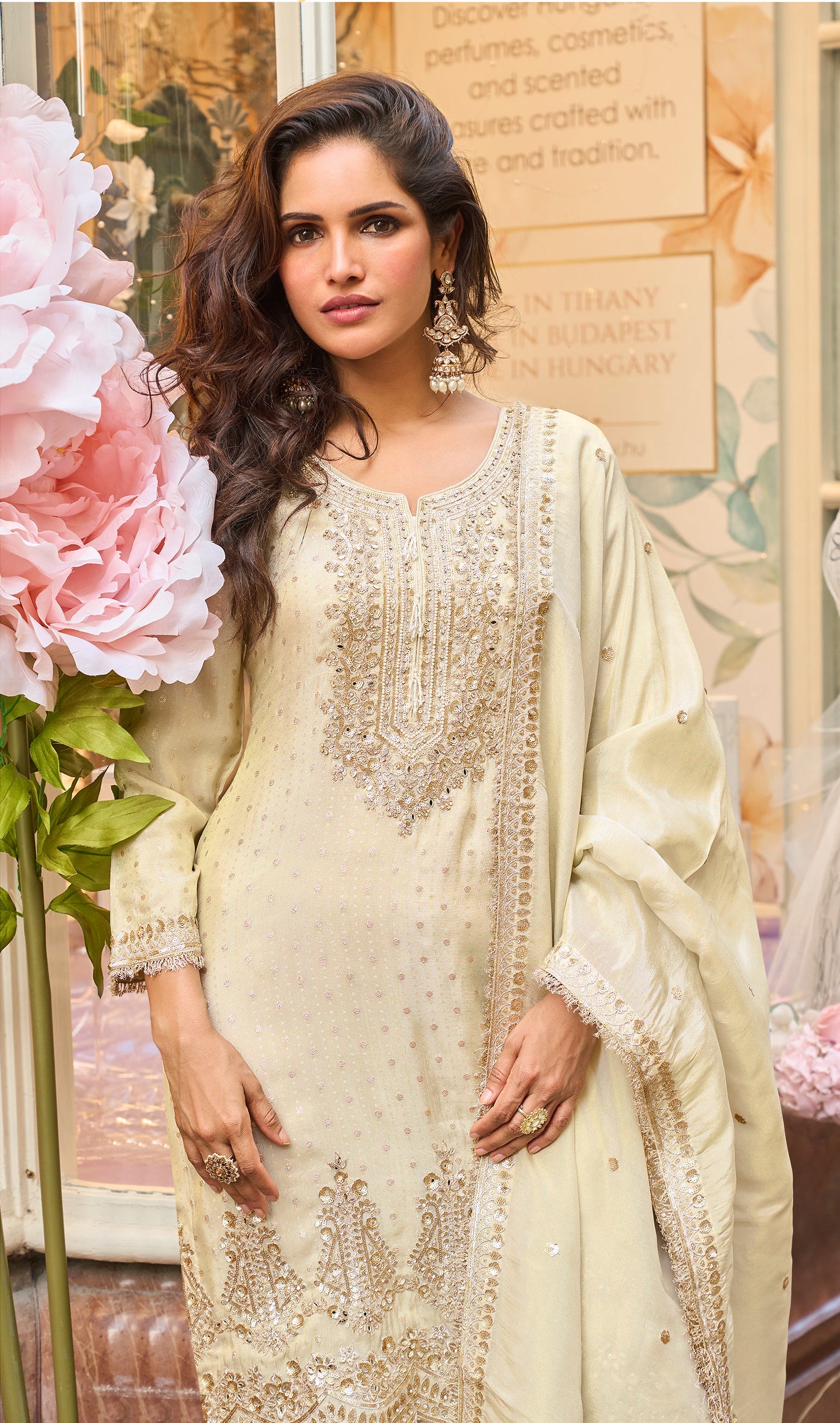 Pakistani style palazzo suits in cream color