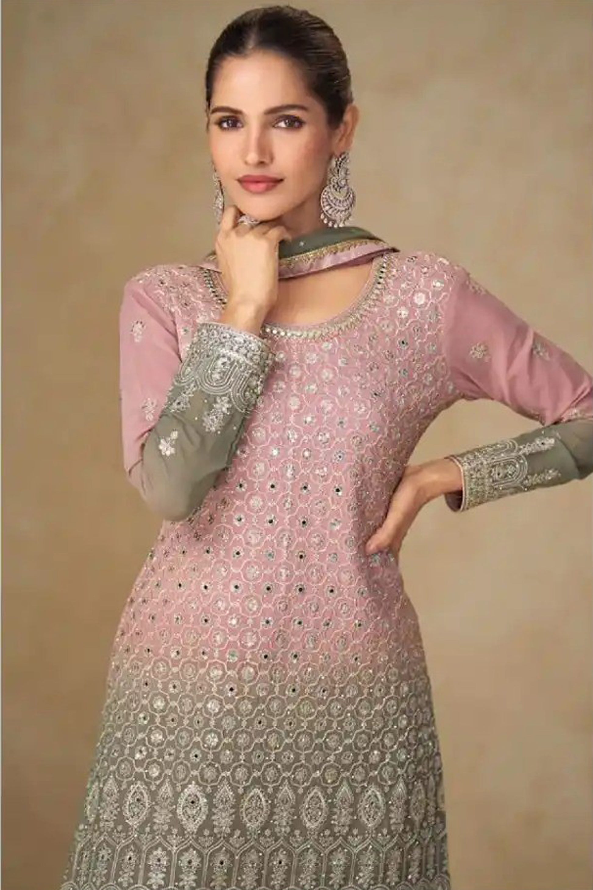 Blush pink embroidered palazzo suit full length view