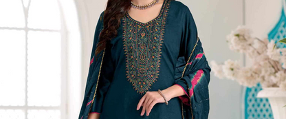 embroidered neckline detail on viscose rayon ethnic set
