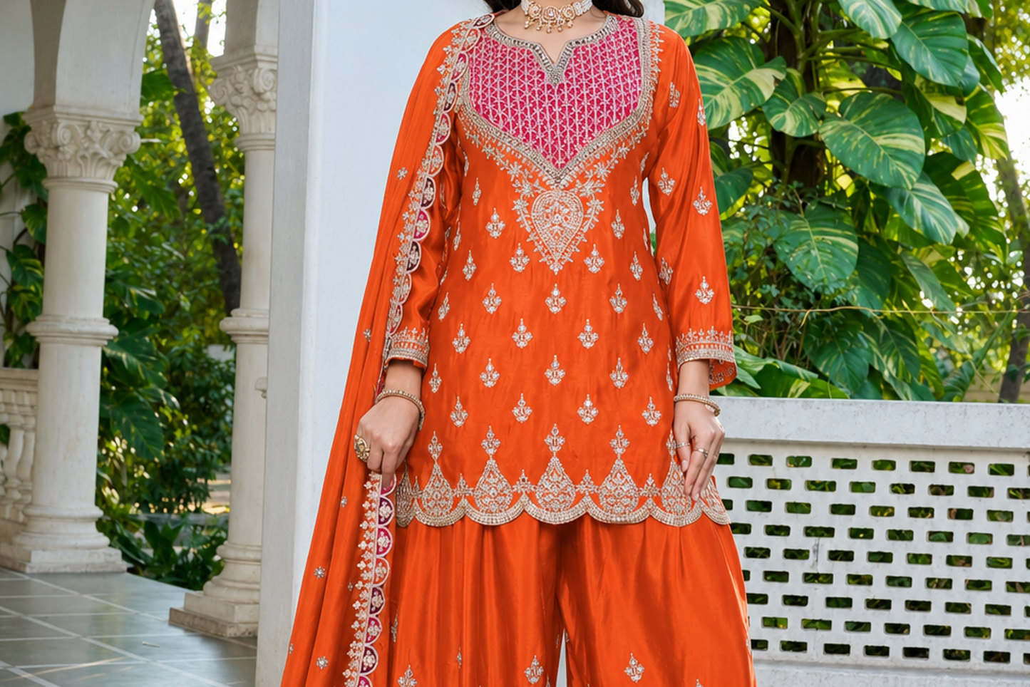 Orange Festive Palazzo Outfit With Coordinated Dupatta