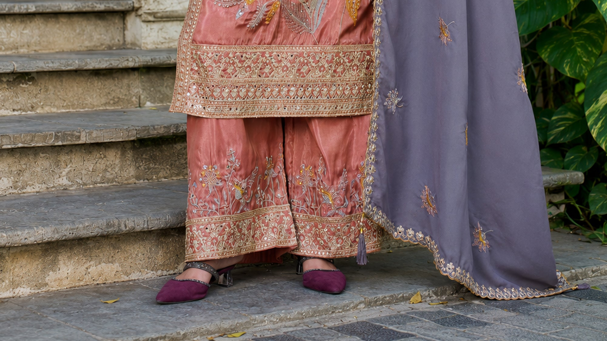 Embroidered Palazzo Pants For Women In Peach Simmer Fabric