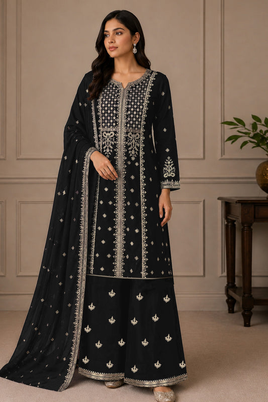 Seyuri embroidered palazzo set in black Fox Georgette
