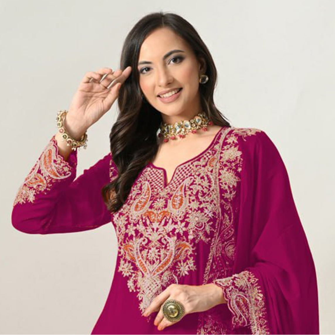 Close-up of Embroidered Sequence Work and Khatli Work on Pink Chinon