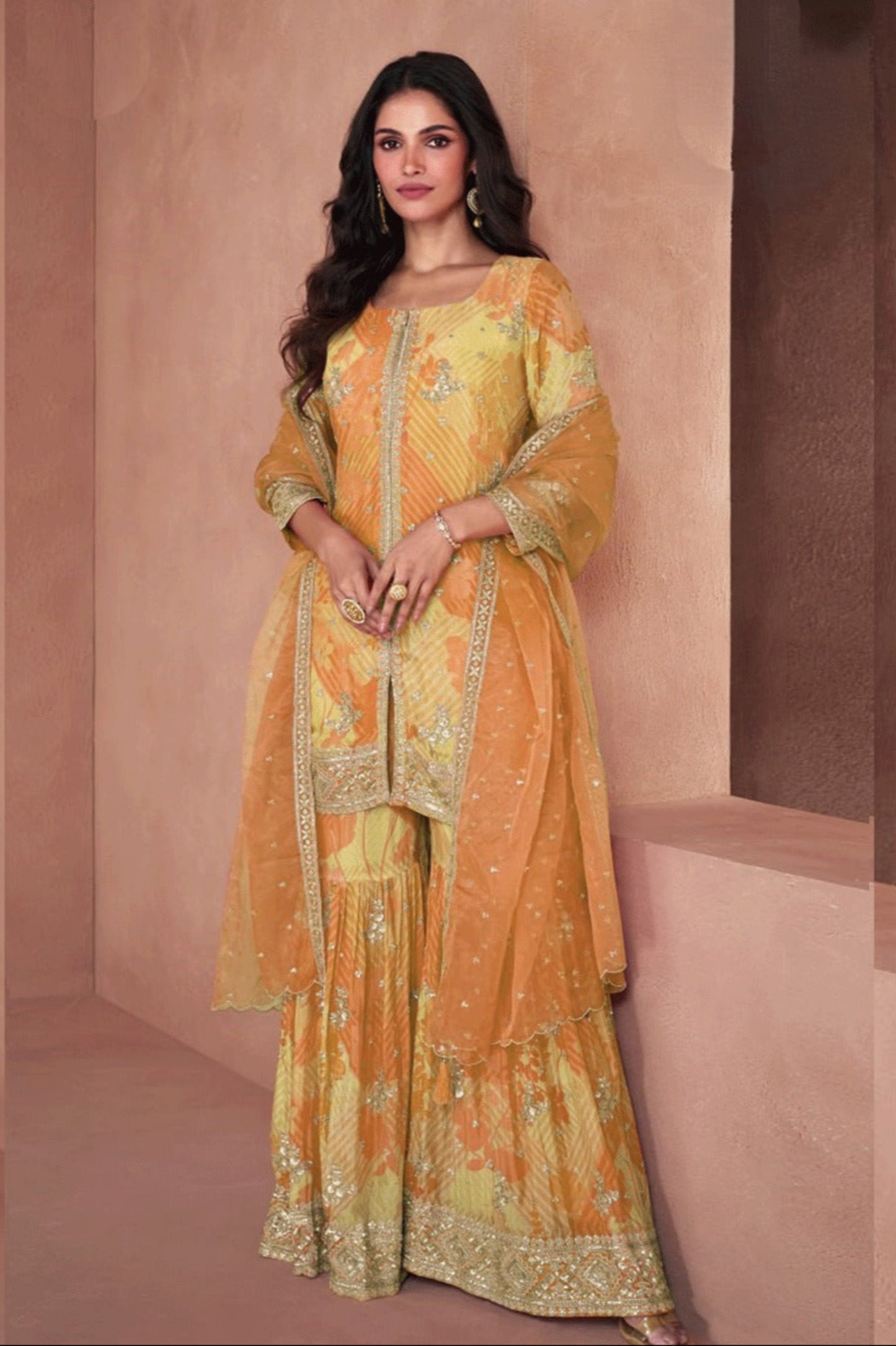 Orange Bridal Look Embroidered Palazzo Dress for Wedding Shoot