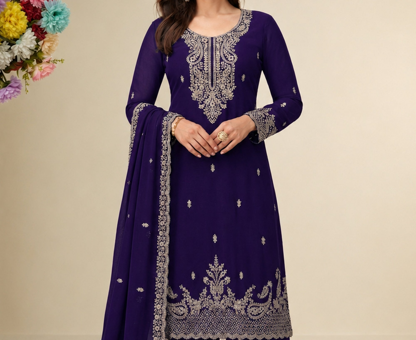 Royal Purple Salwar Kameez styled for anniversary celebration